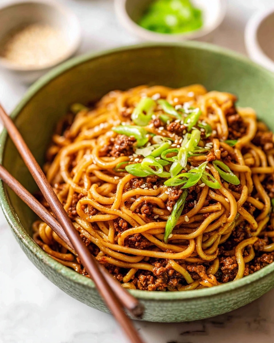 A close-up view of a bowl filled with noodles mixed with small pieces of brown minced meat. The noodles are light brown, glossy, and twisted around a pair of wooden chopsticks poised on the left side inside the bowl. Green slices of spring onions are scattered on top, along with small white sesame seeds. The bowl is textured and olive green, set on a white marbled surface with blurred small white bowls of sesame seeds and green chopped chilies in the background. photo taken with an iphone --ar 4:5 --v 7