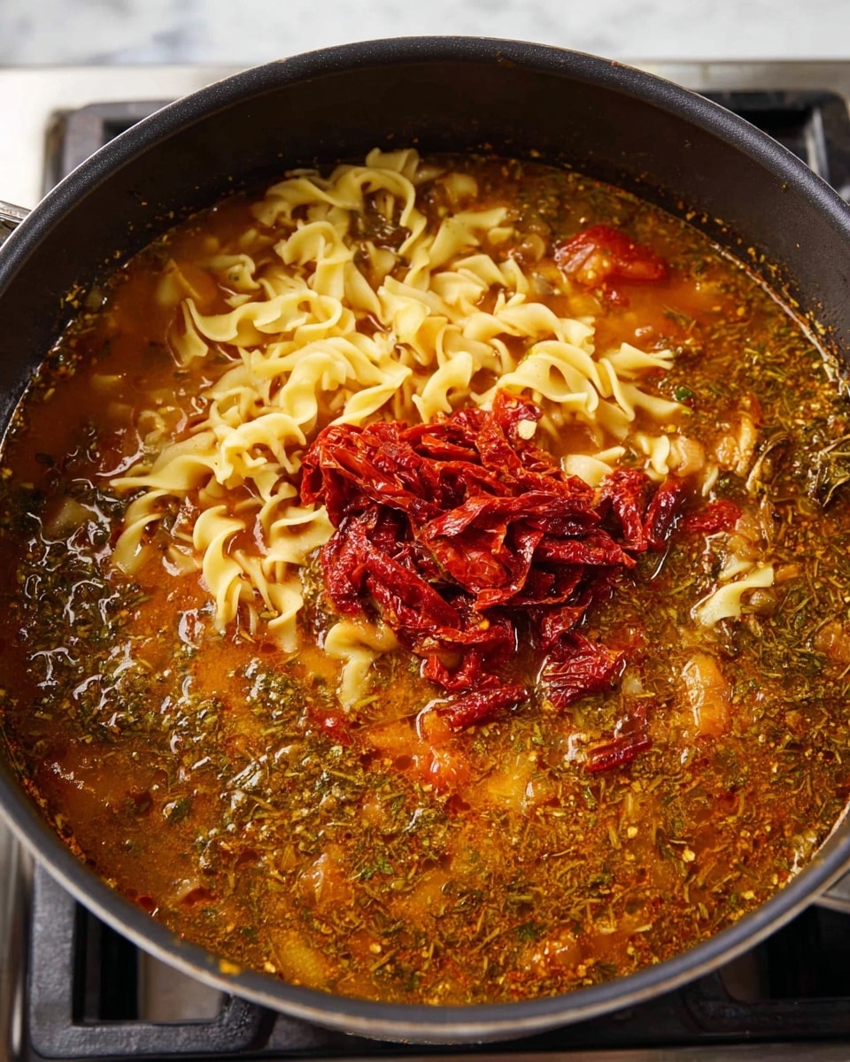 A close-up view of a large black pot filled with a rich, reddish-brown broth mixed with many green herbs and spices throughout the liquid. On top, there is a layer of light yellow curly egg noodles partially submerged in the broth. Above the noodles, there is a small pile of bright red sun-dried tomato strips, adding texture and color contrast. The pot is on a stove with a white marbled surface visible around it. The photo taken with an iphone --ar 4:5 --v 7