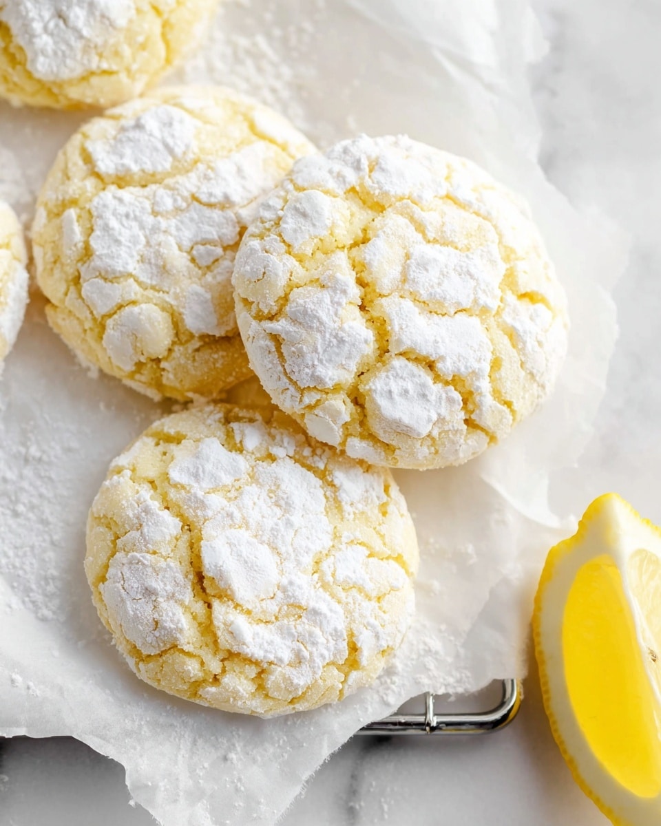 The image shows four round lemon crinkle cookies placed close together on a piece of white parchment paper on a rack. The cookies have a pale yellow color with a rough, cracked texture and are dusted thickly with white powdered sugar, creating a cracked pattern on the surface. To the bottom right, a wedge of bright yellow lemon rests on a white marbled surface, adding a fresh contrast. The scene is bright and clean, highlighting the soft, powdered texture of the cookies. photo taken with an iphone --ar 4:5 --v 7