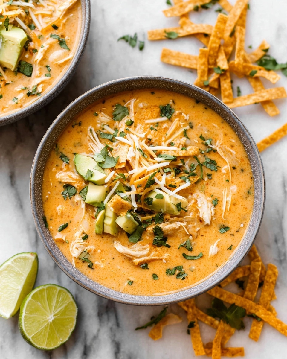 A grey bowl filled with creamy orange soup that has a thick texture, topped with shredded white and orange cheese, small green avocado chunks, chopped green herbs, and strips of orange tortilla chips. Inside the soup, you can see bits of white beans and shredded chicken. Around the bowl lies more orange tortilla strips and green herb leaves on a white marbled surface. A halved lime with light green flesh is also nearby. The photo was taken with an iphone --ar 4:5 --v 7