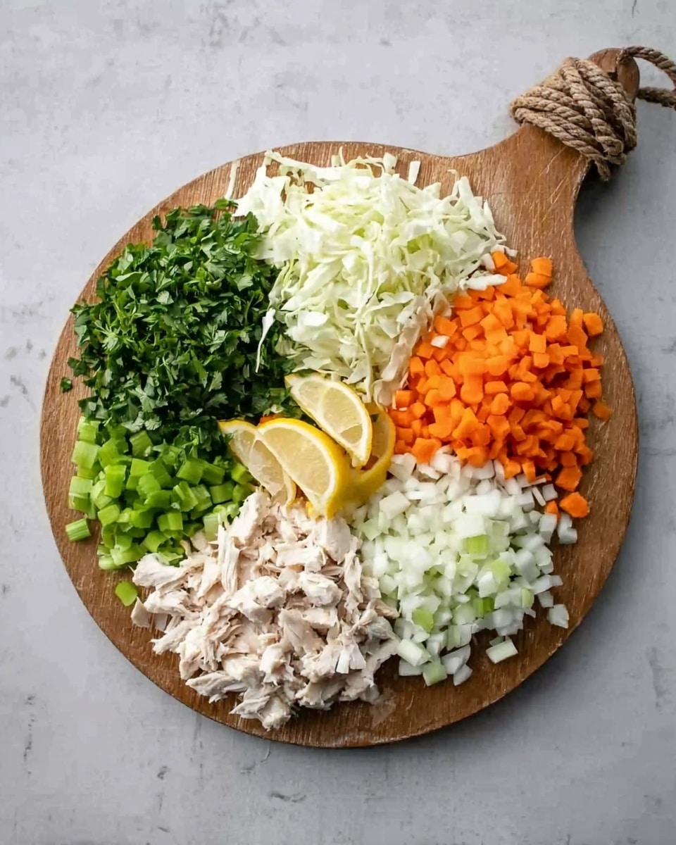 A round white wooden board with a handle wrapped in rope, placed on a white marbled surface. The board is neatly arranged with six sections: chopped green herbs in the top left; shredded white cabbage next to it; small diced light green celery on the top right; finely chopped orange carrots below the celery; small chopped white onions next to the carrots; shredded white chicken meat in the bottom left section. Three lemon wedges are placed in the middle of the board, adding a bright yellow color. The overall look is colorful and organized, showing fresh ingredients ready to be mixed photo taken with an iphone --ar 4:5 --v 7