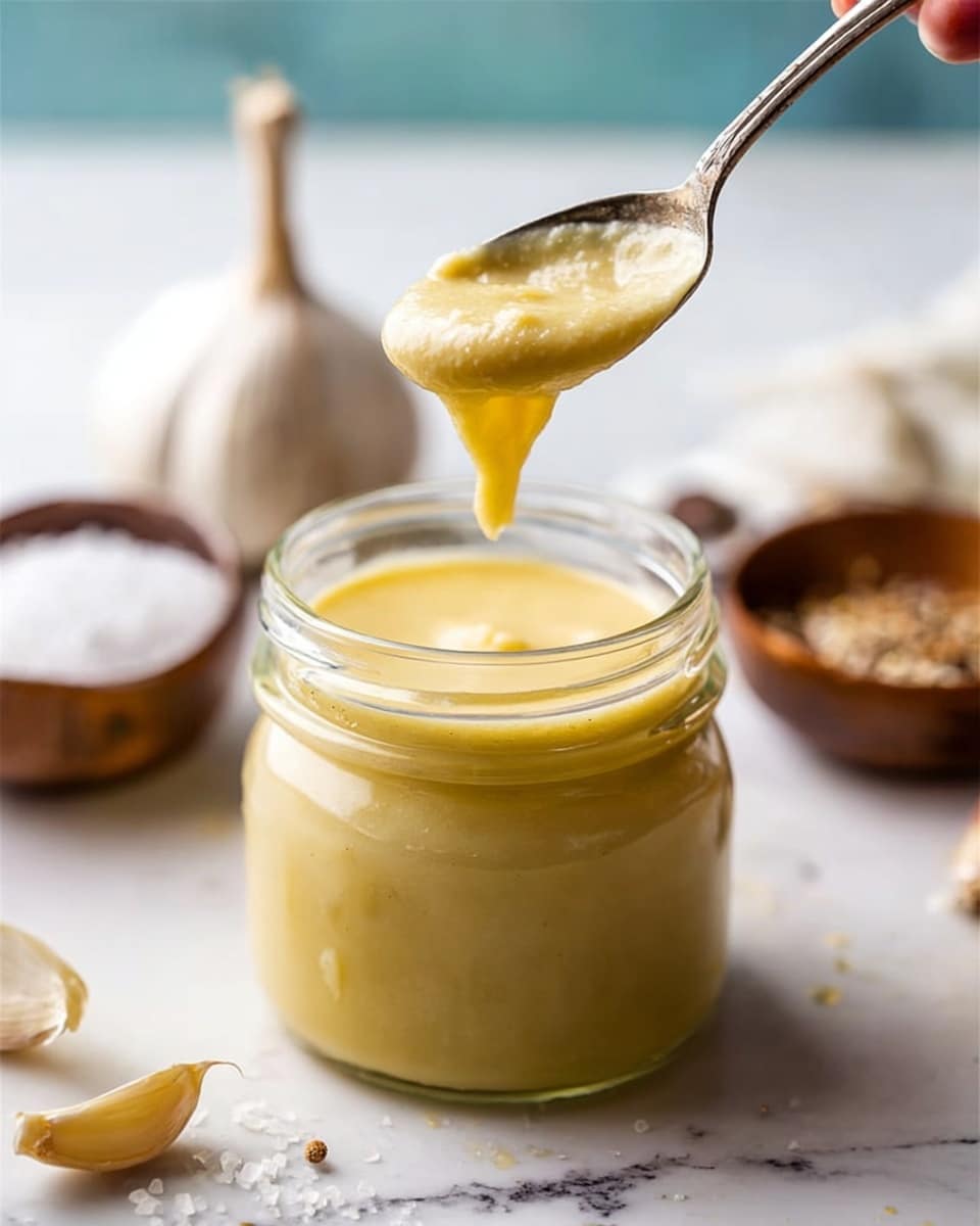 A close-up image shows a glass jar filled with a smooth, light yellow creamy sauce with a thick texture. Above the jar, a spoon held by a woman's hand is lifting the sauce, with some sauce dripping back down into the jar. The jar is placed on a white marbled surface, with blurred objects in the background including a whole garlic bulb and small white bowls filled with spices or salt. The scene is bright and clear, focusing on the creamy sauce's texture and color. photo taken with an iphone --ar 4:5 --v 7