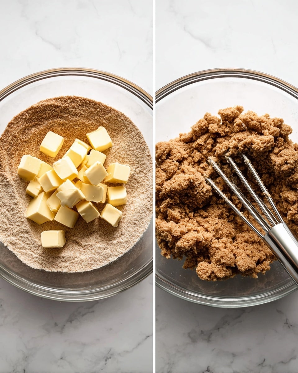 The image shows two side-by-side glass bowls on a white marbled surface. The left bowl has a dry brown powdery mixture at the bottom with small cubes of pale yellow butter scattered on top. The right bowl contains a crumbly brown mixture with a metal masher pressing into it. The crumbly texture looks soft and coarse, with pieces clumping together. Photo taken with an iphone --ar 4:5 --v 7