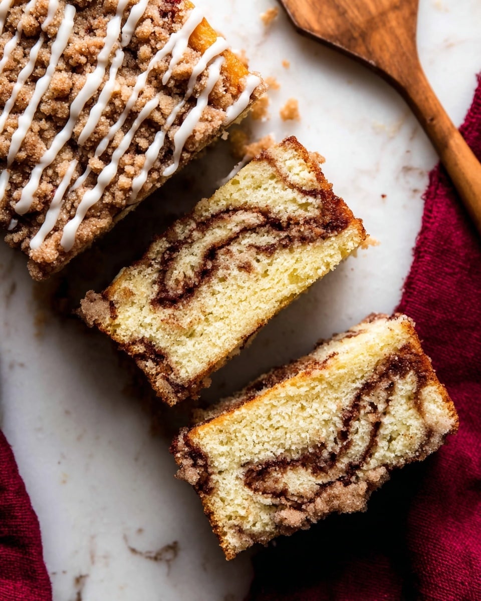 The image shows three pieces of cinnamon coffee cake arranged vertically on a white marbled surface. The left side has the larger main piece with a crumbly, golden-brown top layer covered in cinnamon sugar crumble and drizzled with white icing in a zigzag pattern. The two smaller pieces on the right show the soft, light yellow inside of the cake with swirls of dark brown cinnamon filling running through each slice. A wooden spatula is partially visible in the top right corner, and a dark red cloth is also on the surface near the bottom right. Photo taken with an iphone --ar 4:5 --v 7