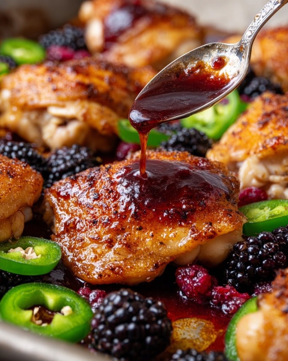 The image shows a close-up of golden-brown chicken pieces with a crispy skin layered on a surface with fresh blackberries and slices of green jalapeño peppers around them. A silver spoon is pouring a thick, shiny dark red sauce over one piece of chicken in the center. The chicken is arranged closely, with the sauce reflecting light, giving a glossy texture on top. The background is a white marbled texture. photo taken with an iphone --ar 4:5 --v 7