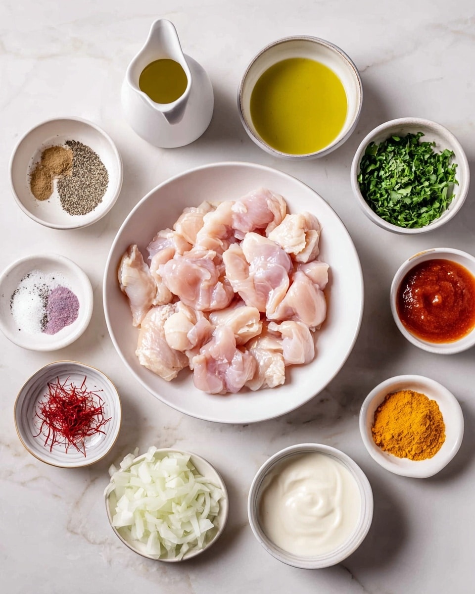 A white bowl in the center contains raw chicken pieces, light pink and moist, roughly cut into chunks. Surrounding the bowl in a neat circle are small white bowls and a white pitcher holding various ingredients: olive oil in the pitcher is golden yellow, black pepper in a bowl is dark and speckled, salt is white and fine-grained, minced garlic is pale yellow and finely chopped, yogurt is creamy white and thick, sliced onions are thin and curved with a pearly white color, turmeric powder is bright orange-yellow, lemon juice in a bowl is pale yellow, fresh green herbs are finely chopped in a bowl, a small bowl holds bright red sauce, and there are a few strands of saffron placed in a tiny white bowl. All items are set on a clean white marbled surface. Photo taken with an iphone --ar 4:5 --v 7