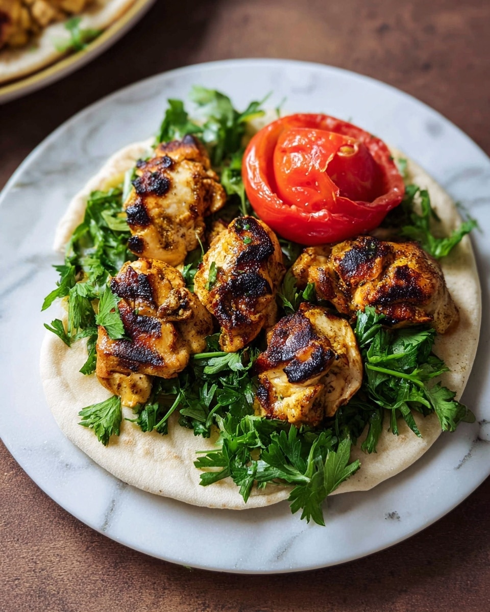 The dish shows a white plate on a white marbled surface holding a flat round bread at the bottom. On top of the bread, there is a layer of fresh green parsley leaves spread out. Over the parsley, there are five grilled pieces of golden-brown chicken with dark char marks, arranged close together in the center. To the right side of the chicken pieces, there is a bright red tomato that is cooked and split open, showing its juicy inside. The colors are warm and fresh, and the scene looks simple and tasty. Photo taken with an iphone --ar 4:5 --v 7
