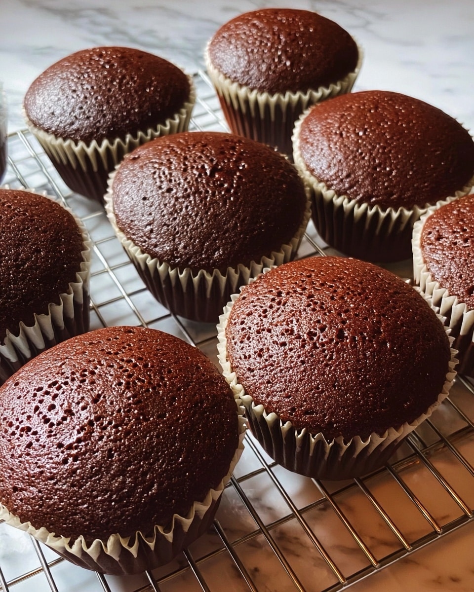 The image shows six chocolate cupcakes resting on a wire cooling rack. Each cupcake is in a white paper liner, with a dark brown, slightly shiny and textured top that rises evenly with a soft dome shape. The cupcakes have small air bubbles on the surface, giving them a light and fluffy look. The background surface is a white marbled texture. Photo taken with an iphone --ar 4:5 --v 7