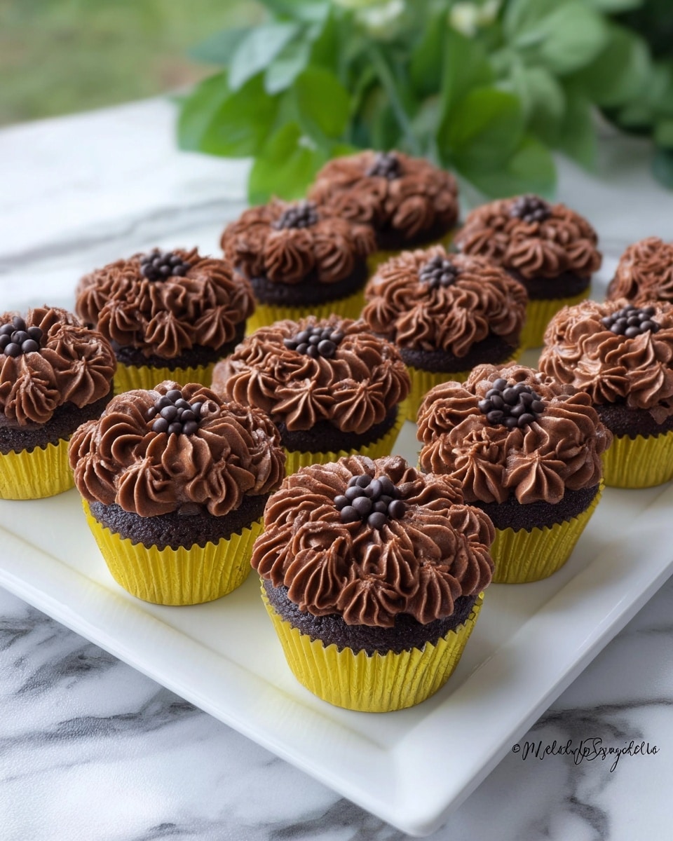 A white square plate holds ten small chocolate cupcakes arranged in two rows. Each cupcake has a dark brown base with a yellow cupcake liner. On top of each cupcake is a thick layer of chocolate frosting, piped in a detailed floral and ruffled pattern that covers the whole top. Some cupcakes are decorated with small chocolate chips placed in the center of the frosting. The plate sits on a white marbled surface with green leaves blurred in the background. Photo taken with an iphone --ar 4:5 --v 7