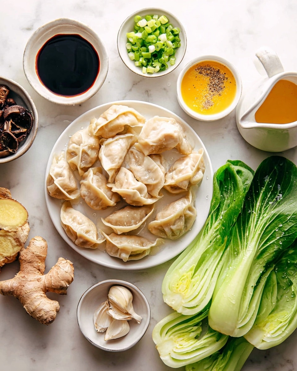 The image shows a white plate piled with uncooked dumplings that have a light beige color and a soft, slightly wrinkled texture. Surrounding the plate are small white bowls and plates holding different ingredients: chopped green onions with a fresh green color inside a small bowl, dark brown dried mushrooms in another bowl, a piece of fresh ginger root with a light brown peel on a plate with garlic cloves, and three sauces: one dark soy sauce in a small bowl, a light orange sauce in a white jug, and a golden-yellow sauce with some black pepper in another small bowl. On the right side, two fresh green bok choy leaves with water droplets add bright contrast. The whole setup rests on a white marbled surface. Photo taken with an iphone --ar 4:5 --v 7