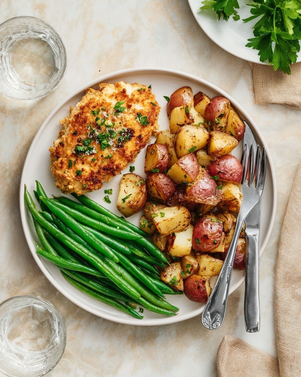 A white round plate with three sections of food: on the top left, a golden-brown crispy textured chicken cutlet with some green herb flakes on top; on the right side, a heap of roasted potato chunks with brown edges and sprinkled parsley; at the bottom, a neat pile of bright green cooked green beans with a glossy surface. A silver fork and knife rest on the right edge of the plate. The setting is on a white marbled textured surface, with a clear glass of water and some green leaves on a white plate nearby. photo taken with an iphone --ar 4:5 --v 7