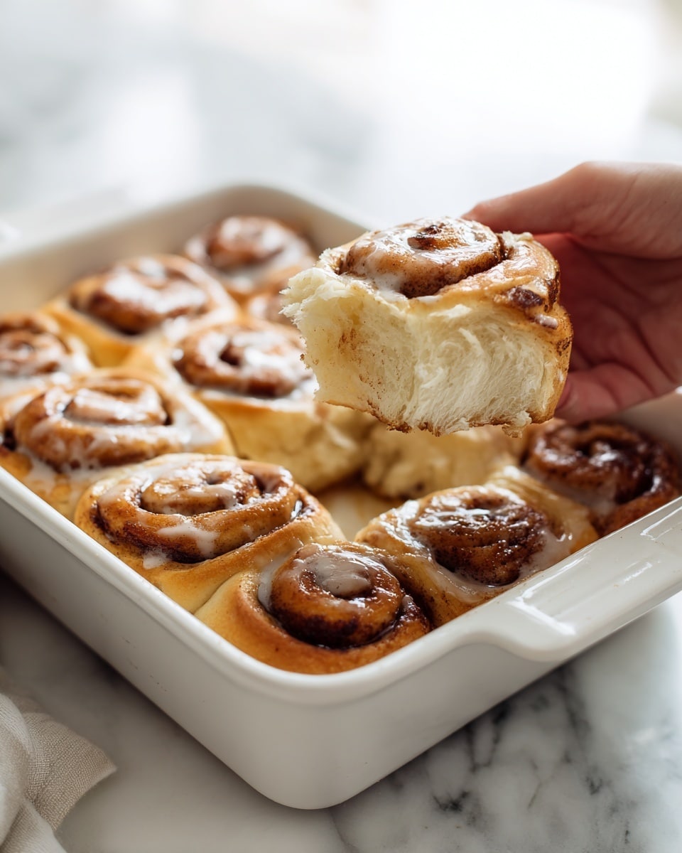 There is a white square baking dish filled with soft cinnamon rolls. Each roll has about four visible layers of thick, fluffy dough with a golden-brown cinnamon swirl pattern in the middle. The top layer is shiny and slightly darker, showing a baked texture. One cinnamon roll is held by a woman's hand, broken in half, showing the light and airy inside with soft white layers. The dish sits on a white marbled surface. photo taken with an iphone --ar 4:5 --v 7