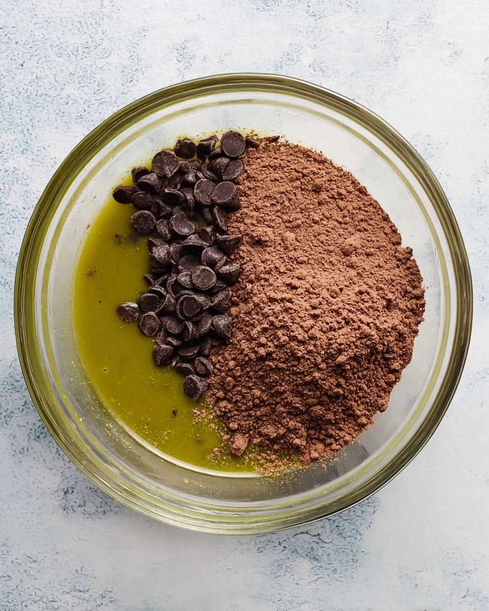 A clear glass bowl on a white marbled surface holds three main layers of ingredients. The bottom layer is a smooth, glossy greenish-yellow liquid spread evenly on one side of the bowl. On top of this, there is a thick layer of brown powder covering most of the liquid and extending toward the center. Finally, a small pile of dark brown chocolate chips sits on the brown powder near the left side. The overall image shows these layers clearly separated, ready to be mixed. photo taken with an iphone --ar 4:5 --v 7