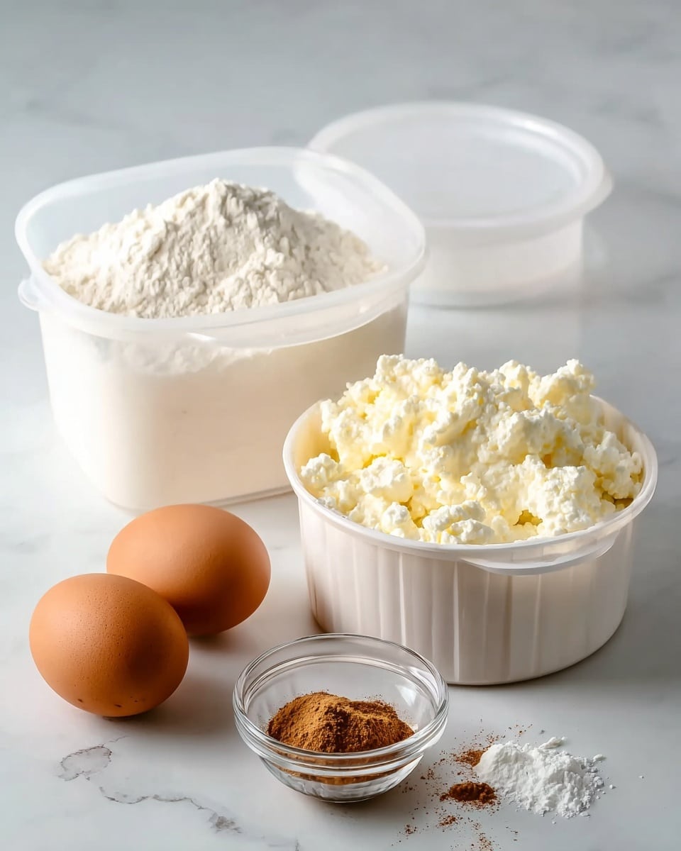The image shows a white plastic container on the right filled with lumpy, creamy white cottage cheese with its lid resting behind it. To the left is a clear plastic container filled with white flour. In front of these containers are two smooth, brown eggs placed side by side, and in front of the eggs sits a small clear glass bowl filled with light brown cinnamon powder. There is a small sprinkle of white flour on the white marbled surface near the front. The setup is neat and well-lit, focusing on the different textures and colors of the ingredients photo taken with an iphone --ar 4:5 --v 7