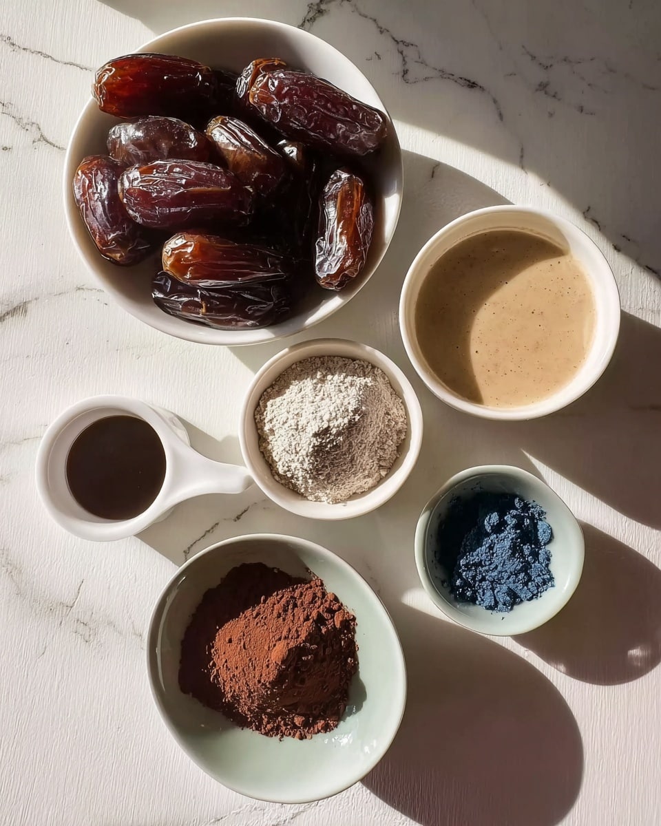 The image shows six white bowls and a small white cup placed on a white marbled surface. One bowl is filled with glossy, dark brown dates arranged in layers, their texture smooth and shiny. Another bowl contains a light beige creamy liquid with a smooth surface. A third bowl holds light grayish flour with a powdery texture. One small bowl contains a dark brown powder, likely cocoa, with a fine texture. The small white cup holds a tiny amount of dark liquid, probably vanilla extract. Another bowl is filled with a deep blue powder with a slightly rough texture. The lighting creates soft shadows around the bowls, and a woman's hand is seen reaching down over the bowls. Photo taken with an iphone --ar 4:5 --v 7