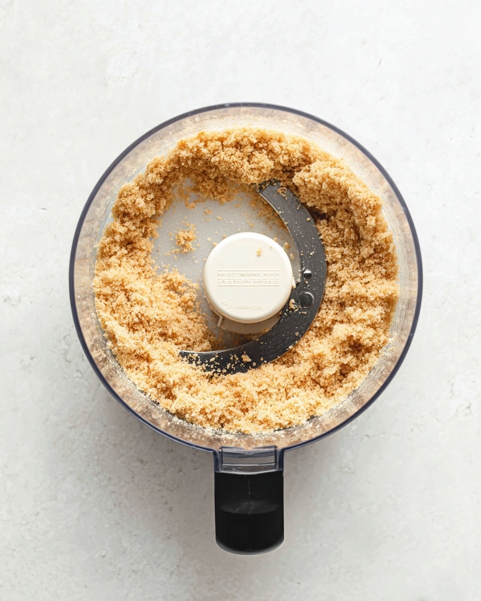 A clear food processor bowl with a black handle is shown from above, containing finely chopped light brown pieces evenly spread around the blade in a ring shape. The texture of the chopped pieces looks small and slightly rough, resting against the sides of the bowl. The center has a white plastic blade holder with text on it. The background is a white marbled surface. Photo taken with an iphone --ar 4:5 --v 7