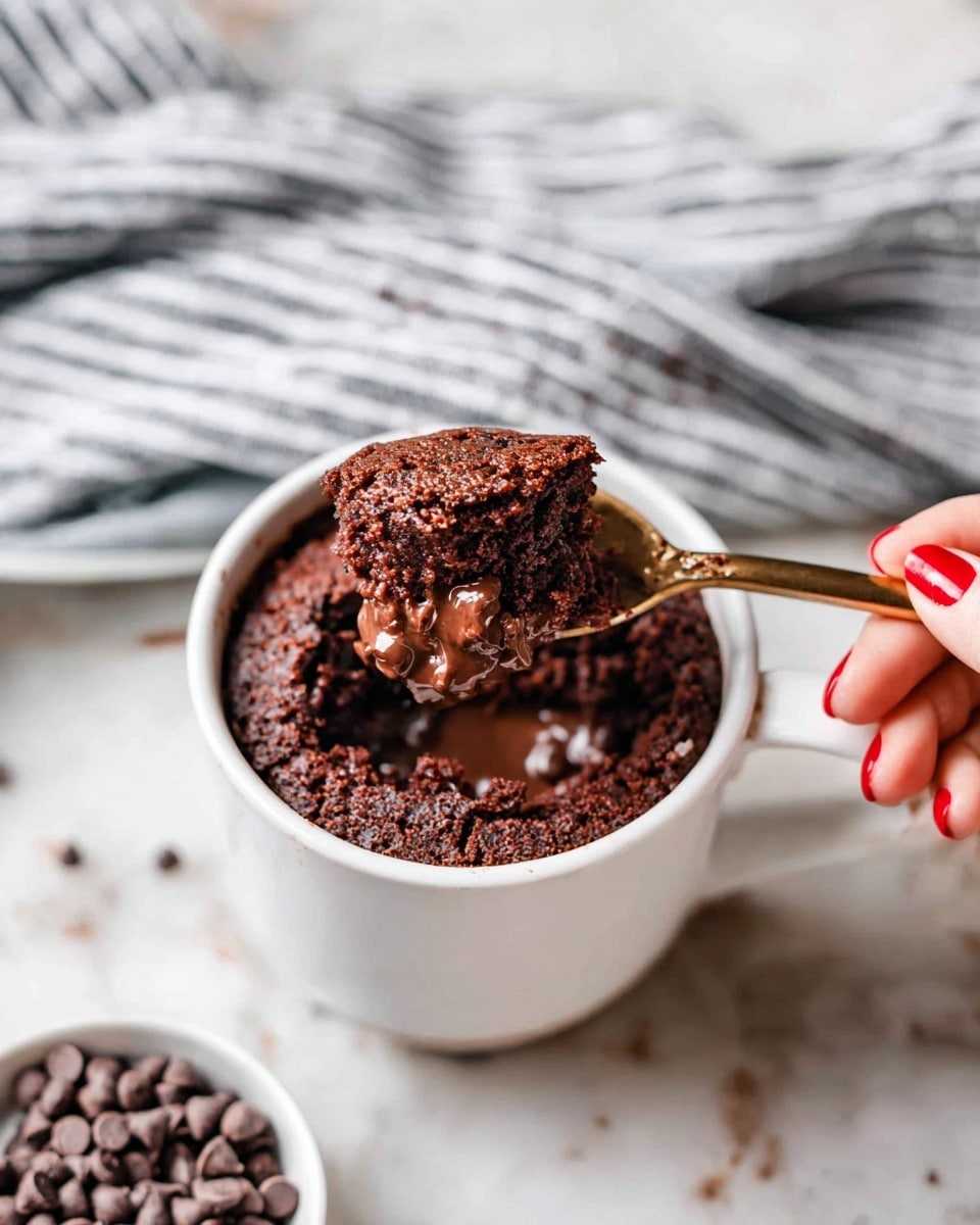 A white mug filled with a moist dark brown chocolate cake showing a soft and crumbly texture on top and a smooth melted chocolate center. A golden spoon is scooping the cake from the mug, held by a woman's hand with red painted nails. In the background, there is a striped grey and white cloth, and at the bottom of the image, a white bowl contains dark brown chocolate chips. All items rest on a white marbled surface. photo taken with an iphone --ar 4:5 --v 7