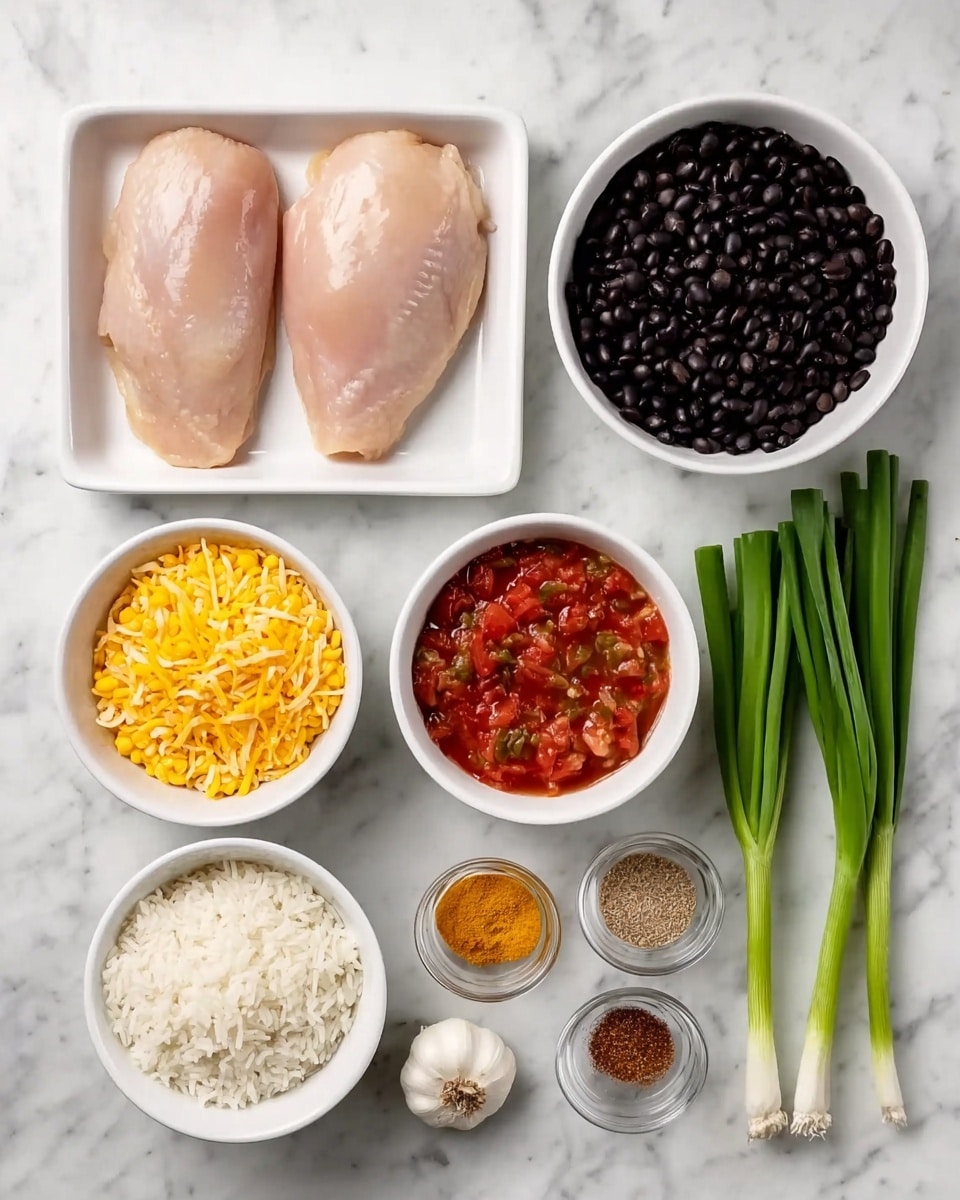 The image shows a white rectangular dish in the top left with two raw pale chicken pieces side by side. To its right, there is a white bowl filled with black beans, followed by a smaller white bowl containing red salsa with visible tomato chunks. Next to the salsa, a bunch of fresh green onions lays flat on a white marbled surface. Below, from left to right, are four white bowls: the first with white rice, the second with yellow corn kernels, the third with shredded orange cheese, and the last is a small clear bowl filled with various brown and red spices. Two cloves of garlic are placed between the bowls and the green onions. The background is a white marbled surface, photo taken with an iphone --ar 4:5 --v 7
