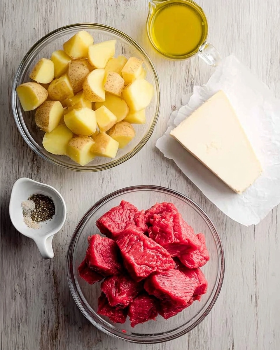 The image shows two clear bowls on a white marbled surface. The top bowl contains light yellow cubed potatoes with a rough skin texture. Below it, another bowl holds bright red raw meat pieces, thick and chunky, with a fresh look. To the right, there is a block of white cheese with an angled, smooth surface and some slight cracks, resting on white wrapping paper. Near the bottom, a small white cup holds mixed white and black pepper spices, and next to it, a white pitcher contains yellow cooking oil. The photo taken with an iphone --ar 4:5 --v 7