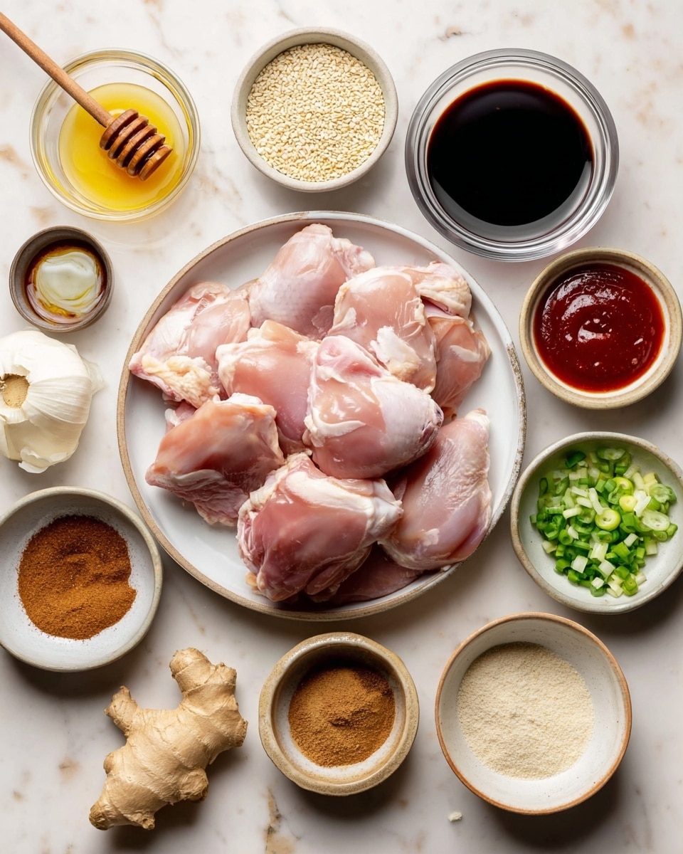 A round white bowl filled with raw pink chicken thighs is in the center, surrounded by small bowls with different ingredients. At the top right is a clear glass cup with a dark liquid, below it a small bowl with sesame seeds, and next to it a bowl with a red sauce. To the right bottom side are small bowls with chopped green onions and a light-colored sauce. At the bottom center is a bowl with grated ginger and a fresh ginger root nearby. To the left bottom side is a bowl with a brown spice powder and another with a dark brown liquid. Above it is a bowl with minced garlic, near the left side a white bowl with honey and a wooden dipper inside, and a small bowl with a light powder next to it. All items are set on a white marbled surface. photo taken with an iphone --ar 4:5 --v 7