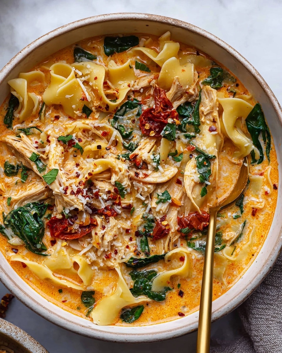 A close-up of a white bowl filled with a creamy orange soup layered with wide egg noodles that are soft and slightly curled, shredded light brown chicken scattered throughout, bright green spinach leaves, and chunks of red sun-dried tomatoes. The soup appears rich and thick, with a sprinkling of grated cheese and small red chili flakes adding texture on top. A gold spoon rests inside the bowl, partially submerged in the soup, all set on a white marbled surface. Photo taken with an iphone --ar 4:5 --v 7