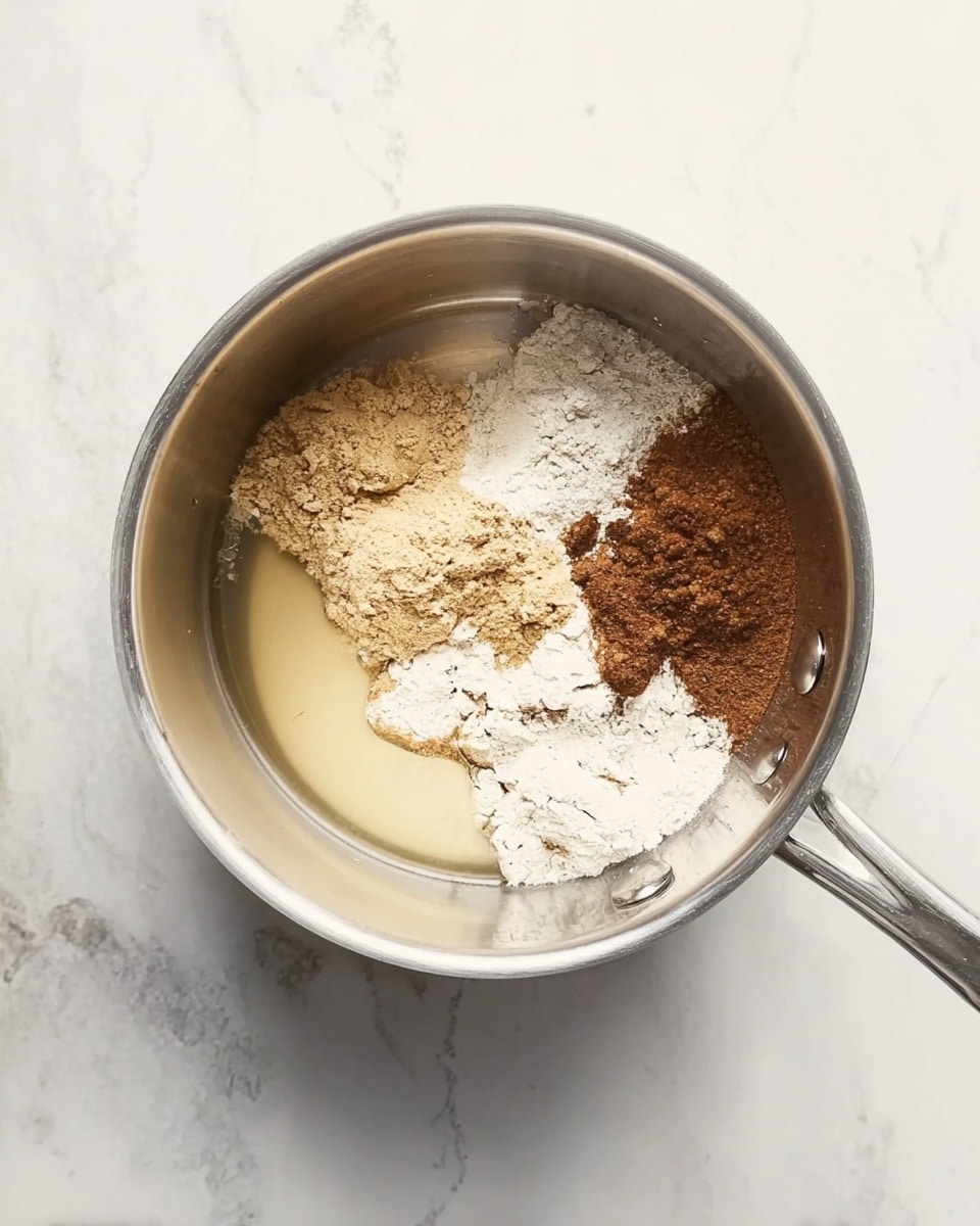 A top view of a silver cooking pot sitting on a white marbled surface. Inside the pot, there are four separate piles of ingredients: a clear liquid pool at the bottom left, a light beige powder at the top left, a darker brown paste or powder at the top right, and a white flour-like powder at the right side. The pot has measurement marks inside and metal rivets on the side where the handle is attached. photo taken with an iphone --ar 4:5 --v 7