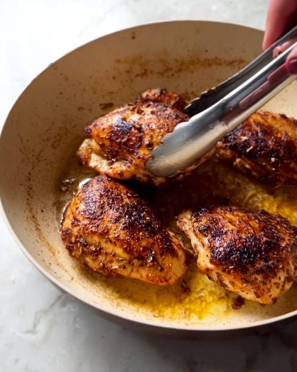 The image shows a close-up of four cooked pieces of seasoned chicken with a golden-brown color and some darker charred spots, sitting in a white pan filled with a thin layer of oil or cooking juices. A woman's hand holding silver tongs with brown silicone tips is reaching into the pan, touching or lifting one of the pieces. The texture of the chicken looks crispy on the outside, and the background surface is a white marble texture. photo taken with an iphone --ar 4:5 --v 7
