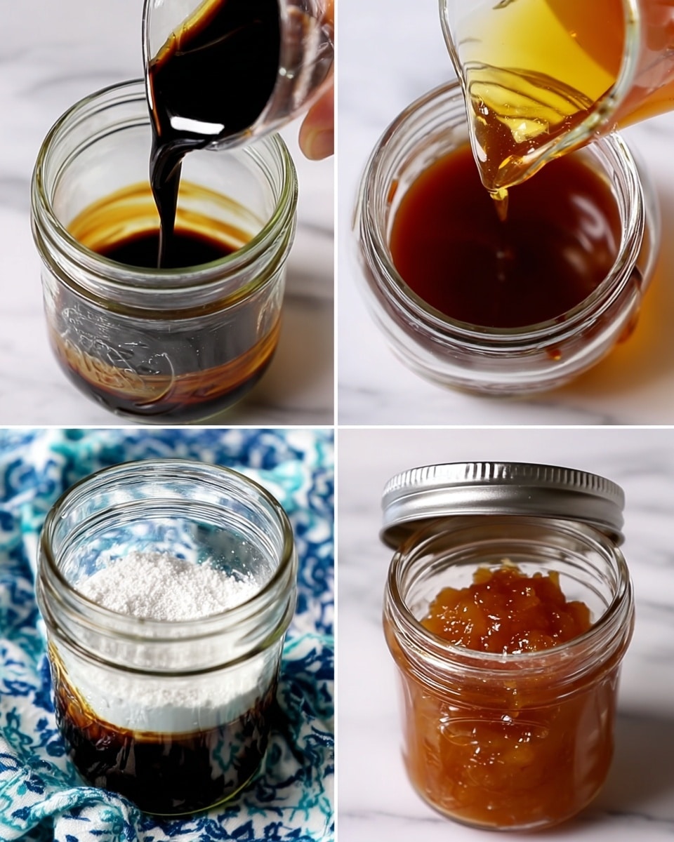 The image shows four close-up shots arranged in a grid. The top left shows a clear glass jar with a layer of shiny, dark brown liquid at the bottom and a glossy, black liquid being poured on top, the colors contrast sharply. The top right shows a clear jar filled with a shiny, very dark liquid with a woman's hand pouring a golden amber liquid into it from a clear glass cup, creating a layered effect. The bottom left shows the jar filled with a dark liquid and topped with a layer of white powder that looks soft and fine. The bottom right shows a small clear glass jar with a silver lid filled with an amber-colored chunky sauce or preserve held by a woman's hand, the jar is slightly tilted revealing the texture inside. All images have a white marbled surface and a blue patterned cloth partially visible. photo taken with an iphone --ar 4:5 --v 7