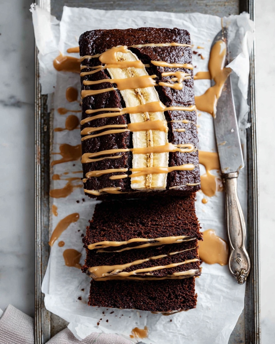 A rectangular chocolate loaf cake rests on white parchment paper on a metal tray with a white marbled surface underneath. The cake has a deep dark brown color with a moist texture. On top, there is a banana slice cut lengthwise and placed in the center from one end to the other. Several thin lines of creamy light brown sauce are drizzled horizontally across the loaf and banana slice. Four slices of the cake are cut and laid on the tray, showing the same dark brown color with the light brown sauce dripping down the edges. To the right side of the tray, an old silver knife lies parallel to the cake. photo taken with an iphone --ar 4:5 --v 7