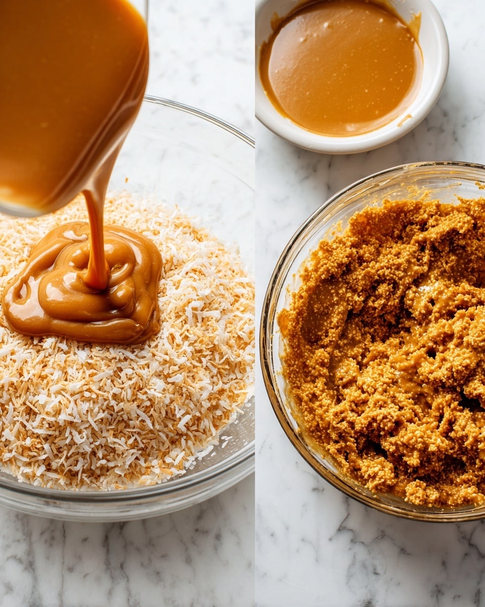 The image shows two clear glass bowls on a white marbled surface, one on the left filled with light beige shredded coconut with a smooth, thick caramel-colored sauce being poured over it from above, the sauce flowing in a thick stream and starting to cover the coconut; the bowl on the right shows the mixture fully combined into a chunky, sticky, golden brown textured blend evenly mixed inside the bowl. In the top right corner, a small white bowl filled with the same caramel-colored sauce is partially visible. photo taken with an iphone --ar 4:5 --v 7