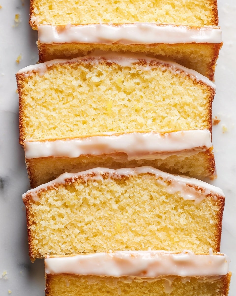 A single thick slice of yellow lemon cake with a light brown crust sits on crumpled white parchment paper, showing a soft, moist crumb texture. There are two bright yellow lemon wedges near the cake slice, one at the top left corner and one at the bottom right corner. The background is a white marbled texture with crumbs and small bits of white icing scattered around. Photo taken with an iphone --ar 4:5 --v 7
