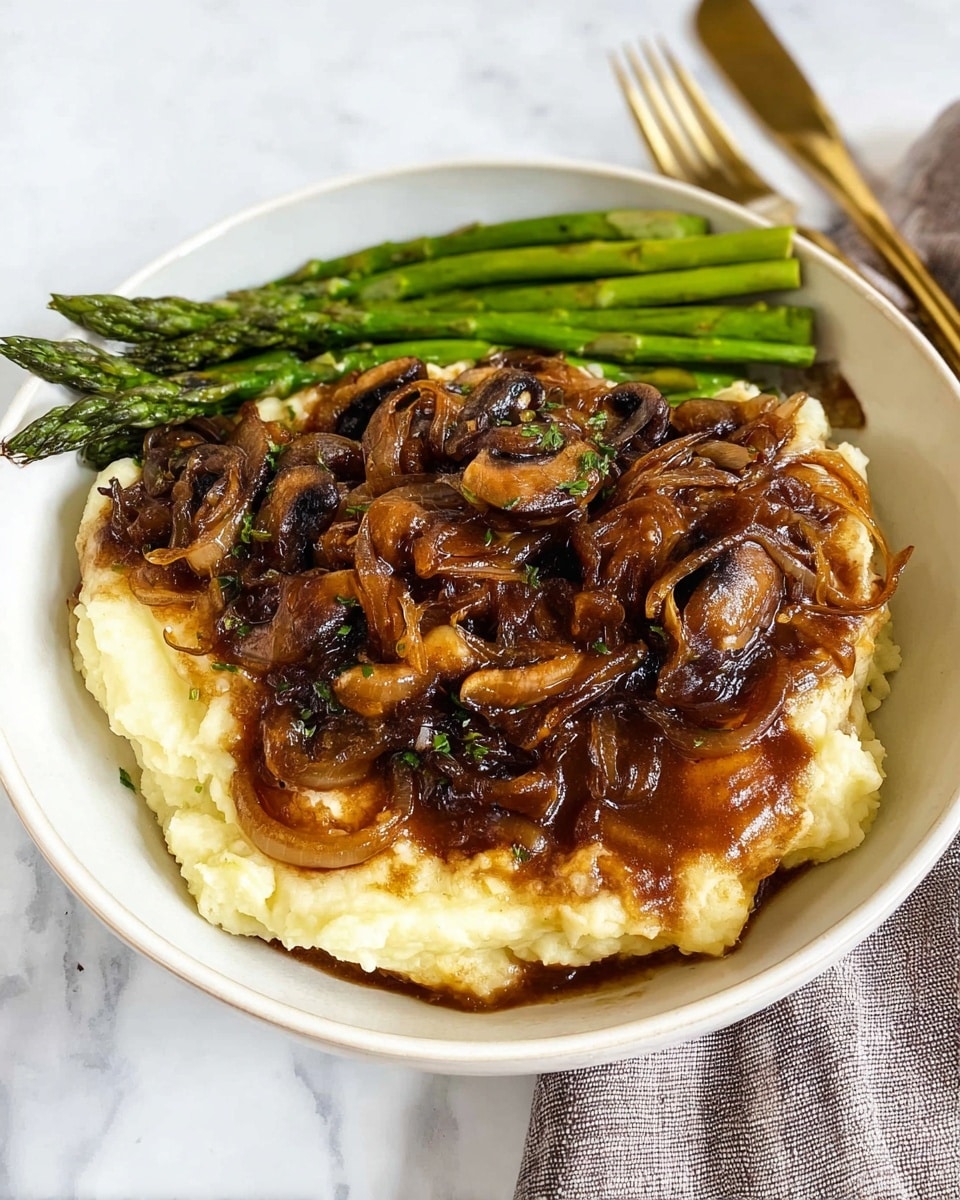 A white bowl holds a layered dish with creamy mashed potatoes spread flat at the bottom. On top of the potatoes, there is a layer of glossy, rich brown gravy with caramelized onions and lightly browned mushrooms, creating a textured, slightly shiny surface. To one side of the bowl, bright green grilled asparagus spears are neatly stacked in a bundle. The dish is placed on a white marbled surface, and a gold fork lies to the upper right of the bowl. Photo taken with an iphone --ar 4:5 --v 7