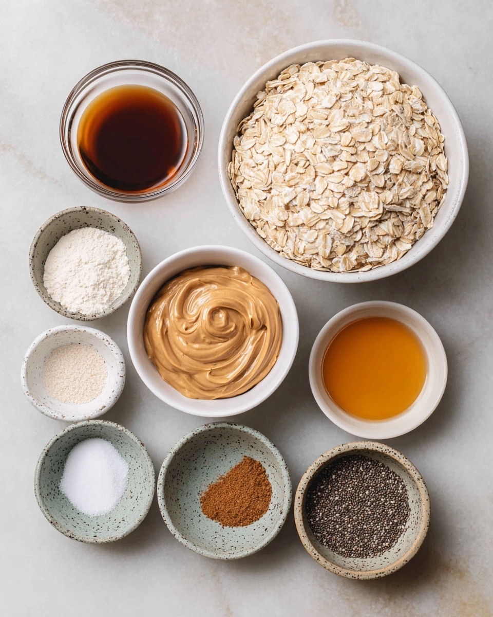 The image shows eight small bowls arranged on a white marbled surface. The largest bowl on the top right is filled with light beige rolled oats. Below that, a white bowl holds smooth, creamy peanut butter swirled in a circular pattern. To the left, another white bowl contains a white powder, likely coconut flakes or flour. Above it, a smaller white bowl is filled with golden honey. On the top left, a clear glass bowl contains a dark brown liquid, possibly vanilla extract. Three small speckled bowls hold various dry ingredients: fine white salt, brown cinnamon powder, and tiny black chia seeds. All bowls are neatly arranged without overlap. Photo taken with an iphone --ar 4:5 --v 7