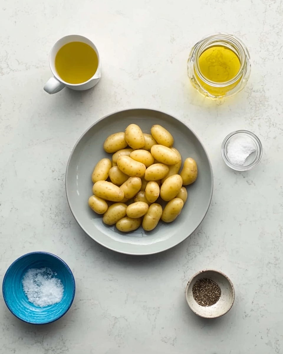 A top view of a light gray plate filled with small, finger-shaped pale yellow potatoes placed in the center of a white marbled surface. Around the plate, there are four small containers: a white cup with olive oil on the left, a clear glass jar with a light yellow liquid next to the cup, a small blue bowl with white coarse salt below the plate, and a small white bowl with black pepper on the right. The containers are spaced evenly around the plate, and the whole setup is on a white marbled textured background. Photo taken with an iphone --ar 4:5 --v 7