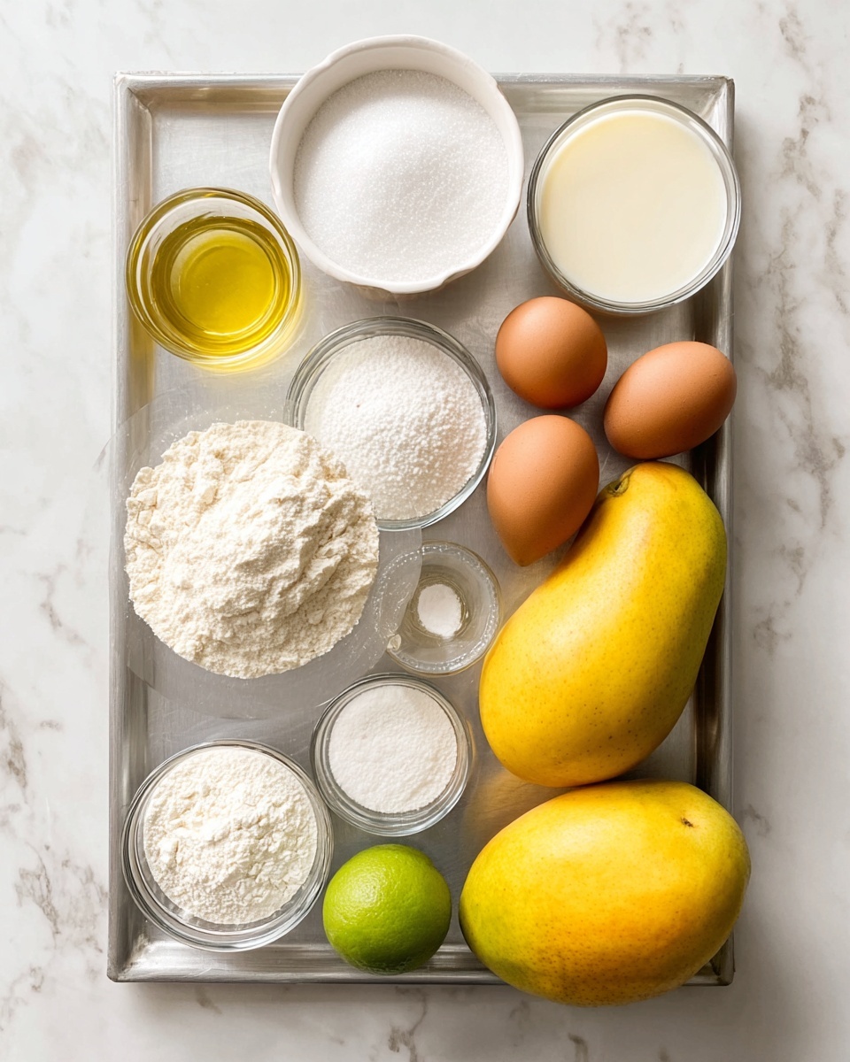 Mango Mousse Cake Recipe 5 A tray with several small white bowls and containers filled with ingredients sits on a white marbled surface. There are two ripe yellow mangoes placed on the right side of the tray, one lime below them. Two brown eggs are side by side in the middle area. A small glass container of yellow oil is next to the mangoes. At the top left, a white bowl holds granulated sugar, and in the center is a bowl filled with white flour. Below the sugar, there is a glass bowl with white powdered sugar. Three smaller clear bowls hold white powders in the lower middle part. On the top right, there is a glass of light creamy liquid. The scene is bright and clean. photo taken with an iphone --ar 4:5 --v 7