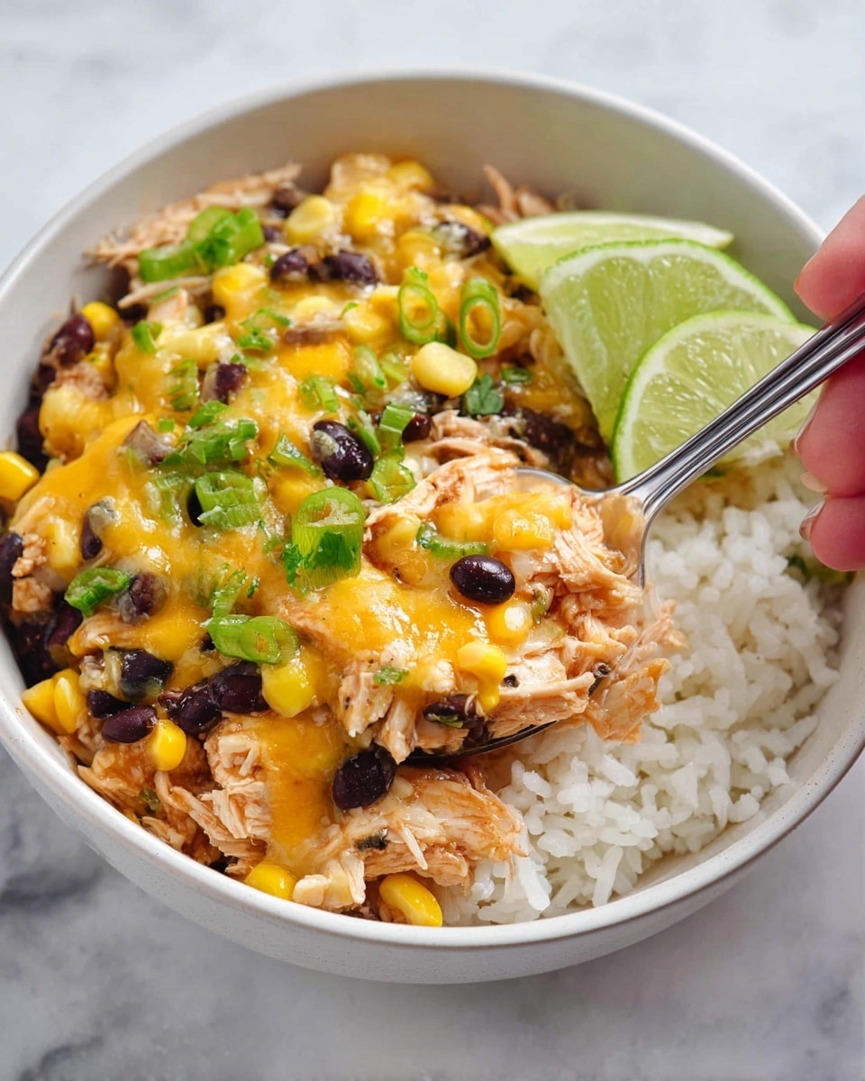 A white bowl filled with three layers: the bottom layer is white rice with a soft texture, the middle layer is shredded chicken mixed with black beans and bright yellow corn, and the top layer is melted orange-yellow cheese scattered with green onion slices and small pieces of cilantro leaves. A silver spoon held by a woman's hand scoops a portion showing all layers together, with a wedge of green lime placed on the side inside the bowl. The bowl sits on a white marbled surface. photo taken with an iphone --ar 4:5 --v 7