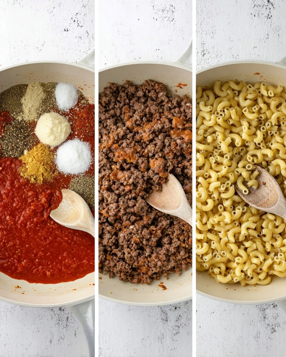 Three side-by-side images show a cooking process in a white pan on a white marbled surface. The first image has a layer of cooked ground beef in the pan with six different seasonings and sauces on top, each in small piles of beige, red, white, dark red, and light yellow colors, with a wooden spoon resting on the right side. The middle image shows the same beef after mixing, forming a crumbly brown texture with small orange bits, and the wooden spoon positioned in the pan's lower right. The last image has the cooked beef at the bottom left, with a bright red tomato sauce layer next to it in the top left, and cooked elbow macaroni pasta filling the right side, with the wooden spoon resting among the pasta photo taken with an iphone --ar 4:5 --v 7