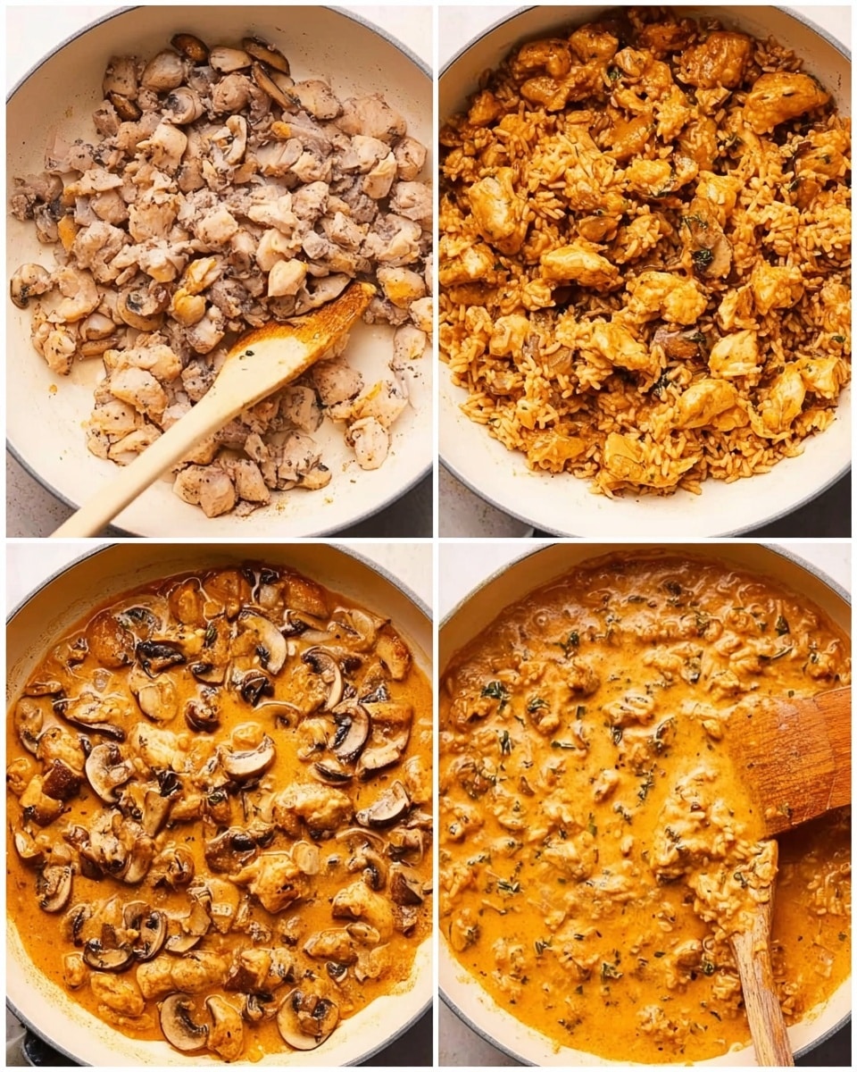 The image shows a four-panel process of cooking a creamy mushroom and chicken dish in a white pan. In the first panel, small pieces of browned chicken and mushrooms are cooking with a wooden spatula moving them around, showing a beige and light brown mixture with some steam. The second panel displays the chicken and mushrooms mixed with rice and coated in a thick orange sauce, covering the pan’s surface with chunky texture. The third panel reveals the sauce becoming creamier and more orange, with herbs and sliced mushrooms floating on top, while the wooden spatula rests on the side. In the last panel, the dish looks fully cooked with the creamy sauce thickened, the rice and mushrooms mixed evenly throughout, showing a rich orange color with bits of chicken and mushrooms on top. Photo taken with an iphone --ar 4:5 --v 7