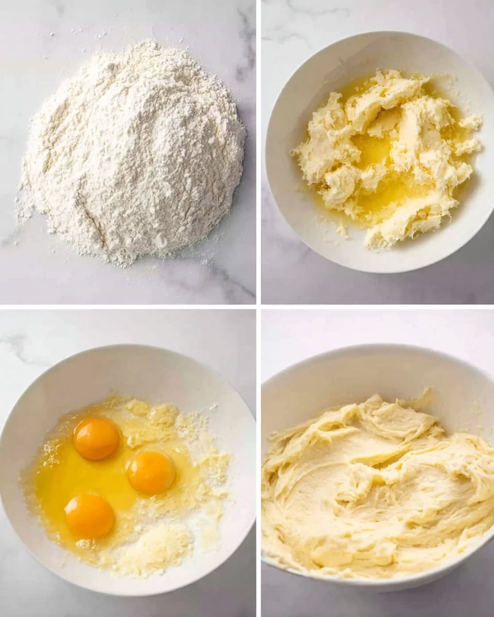 The image shows a series of four close-up shots displaying the process of mixing dough on a white plate with a white marbled background. The first layer is a flat round of white flour spread evenly on the plate. The second layer shows soft, pale yellow butter mixed unevenly with the flour, creating a crumbly texture. The third layer adds two bright yellow egg yolks cracking onto the mixture, with the white flour and butter still partially visible around the edges. The fourth layer displays a creamy, smooth dough with a pale yellow shade, fully combined and gathered inside a white bowl. Photo taken with an iphone --ar 4:5 --v 7