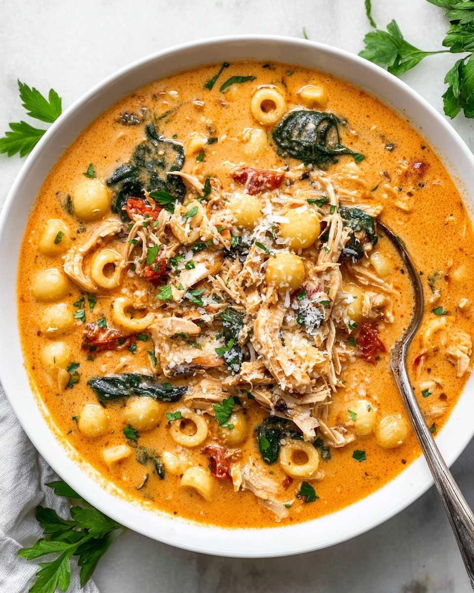 A white bowl filled with creamy orange soup with small round pasta pieces spread all over. There are layers of shredded light brown chicken, wilted dark green spinach leaves, small red tomato pieces, and bits of grated white cheese on top. Green parsley leaves are scattered across the surface. A silver spoon rests on one side of the bowl. The bowl sits on a white marbled surface with some green parsley leaves nearby. Photo taken with an iphone --ar 4:5 --v 7