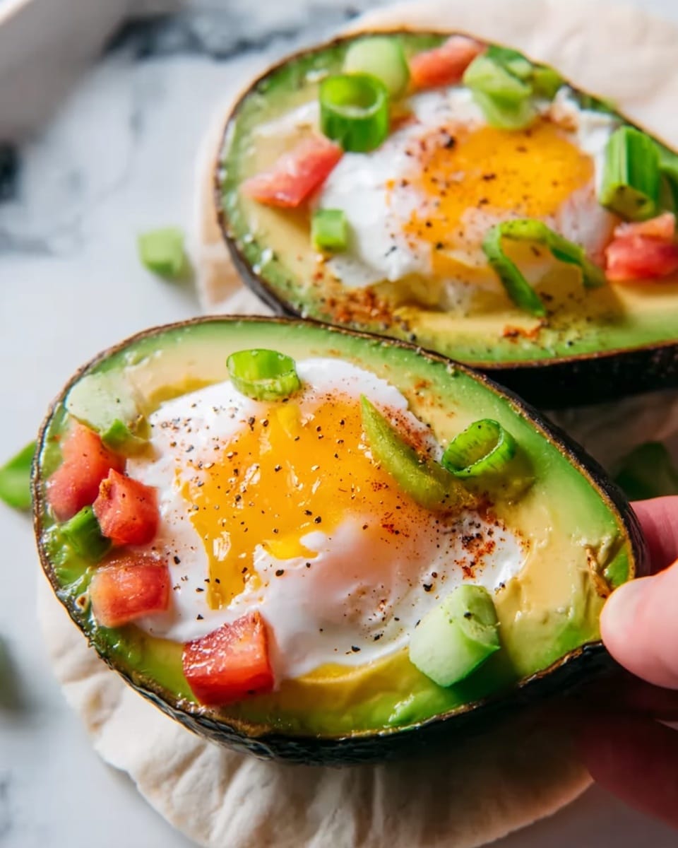 A close-up view of two avocado halves filled with cooked eggs, each inside the green flesh and slightly browned on the edges. The eggs are topped with small pieces of red tomato, green onion slices, and a dollop of white sour cream. The avocado skin is dark green and textured, with a sprinkle of black pepper on the egg yolk. The avocado halves are placed on a white flatbread on a white marbled surface. A woman's hand is holding one avocado half on the side. photo taken with an iphone --ar 4:5 --v 7