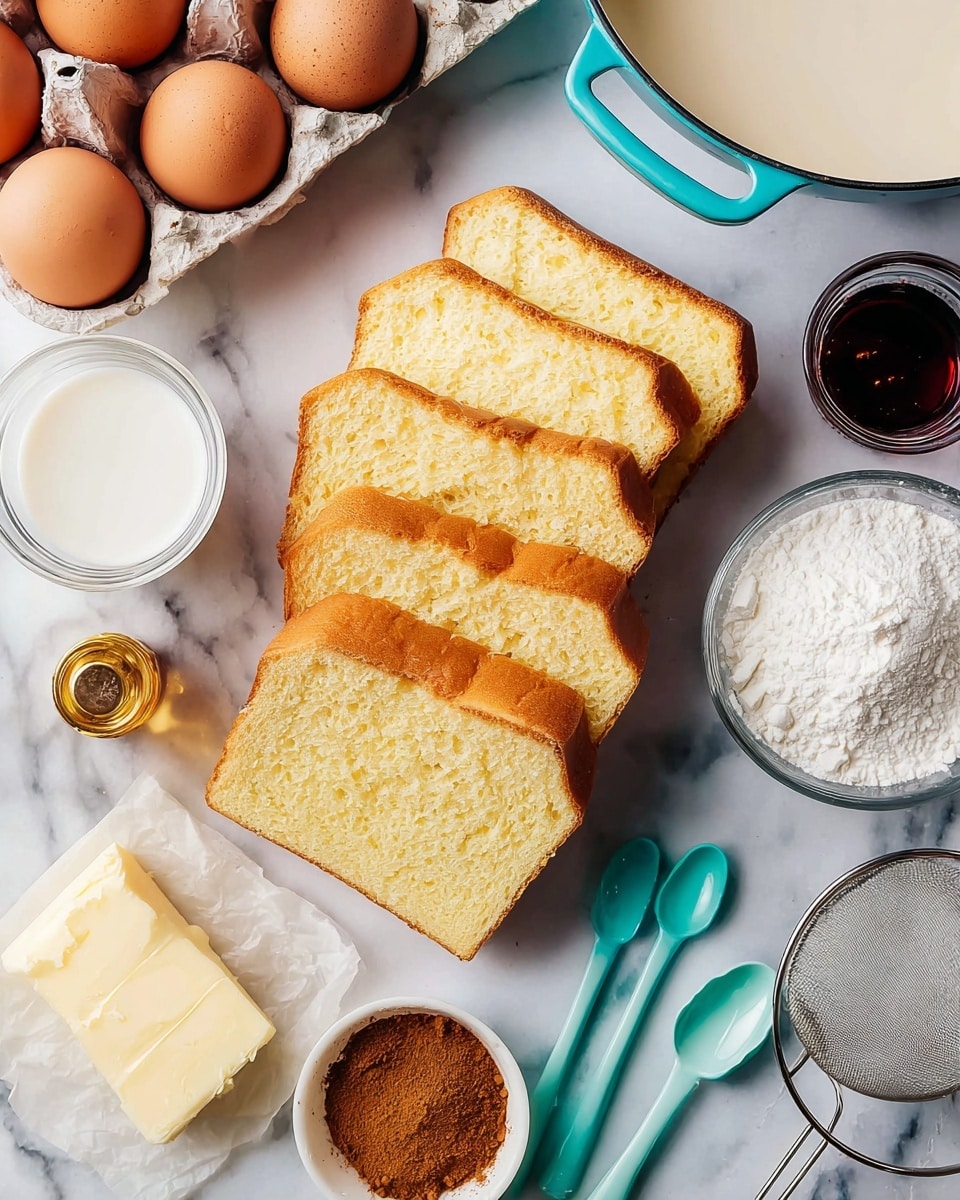 The image shows six slices of light yellow bread with a soft, spongy texture, evenly stacked diagonally on a white marbled surface. To the left, there are four brown eggs resting in a white egg carton, a clear glass cup filled with white milk, and a small glass container of dark syrup. Below the bread is a stick of pale yellow butter partially wrapped in paper, and a small round white bowl filled with brown cinnamon powder. On the right side, there are three turquoise measuring spoons, a small dark bottle with a golden rim, and a clear glass bowl filled with white powdered sugar with a metal strainer resting on top. The top edge of a white pan with a turquoise handle is also visible above the bread. photo taken with an iphone --ar 4:5 --v 7