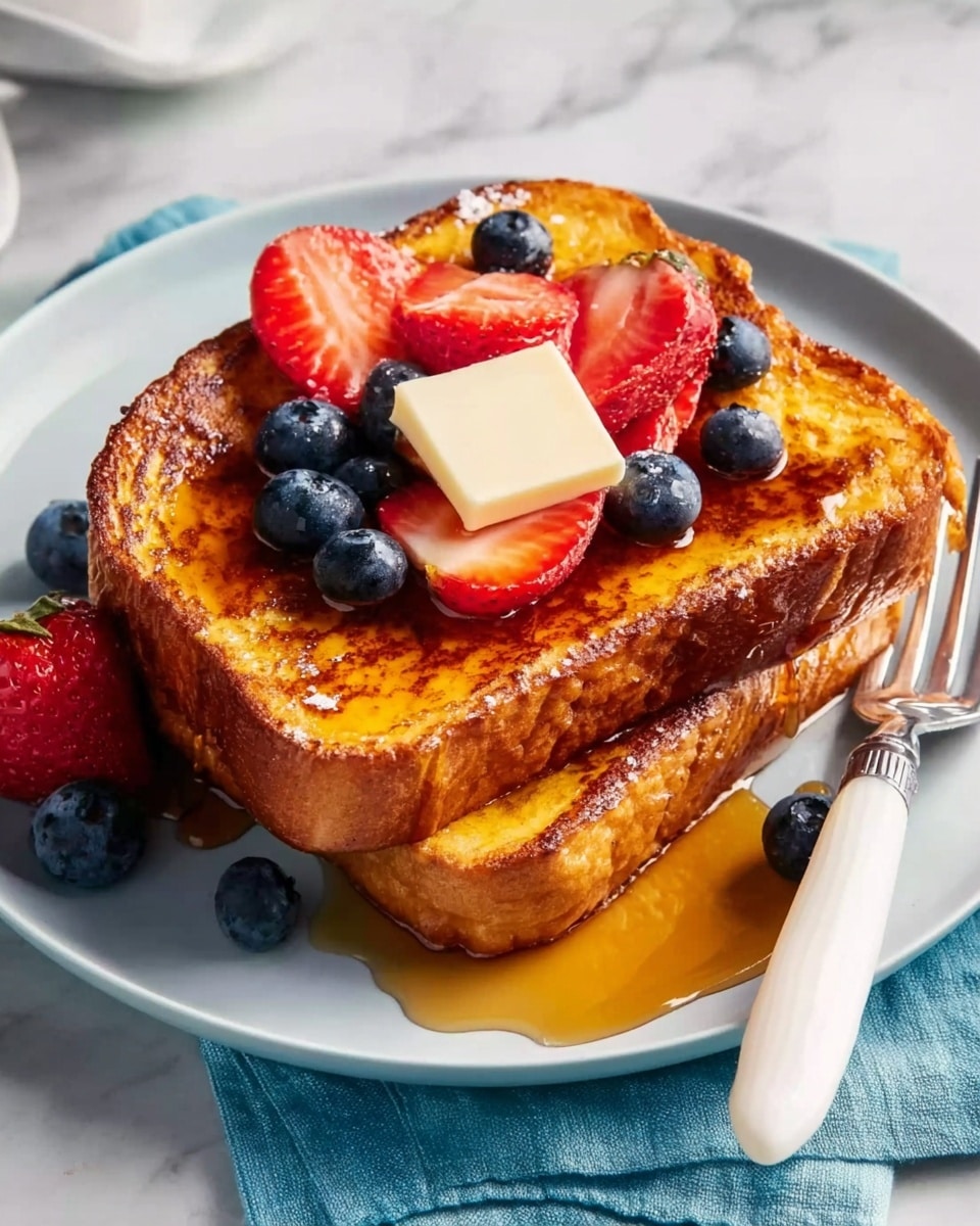 Two thick slices of golden brown French toast are stacked on a white plate with a rich glossy syrup dripping down the sides. A square pat of butter is melting on the top slice, surrounded by fresh, bright red strawberry halves and deep blue blueberries scattered on and around the toast. A silver fork with a white handle rests on the right side of the plate. The plate is set on a white marbled surface with a light blue cloth napkin partially visible underneath. photo taken with an iphone --ar 4:5 --v 7