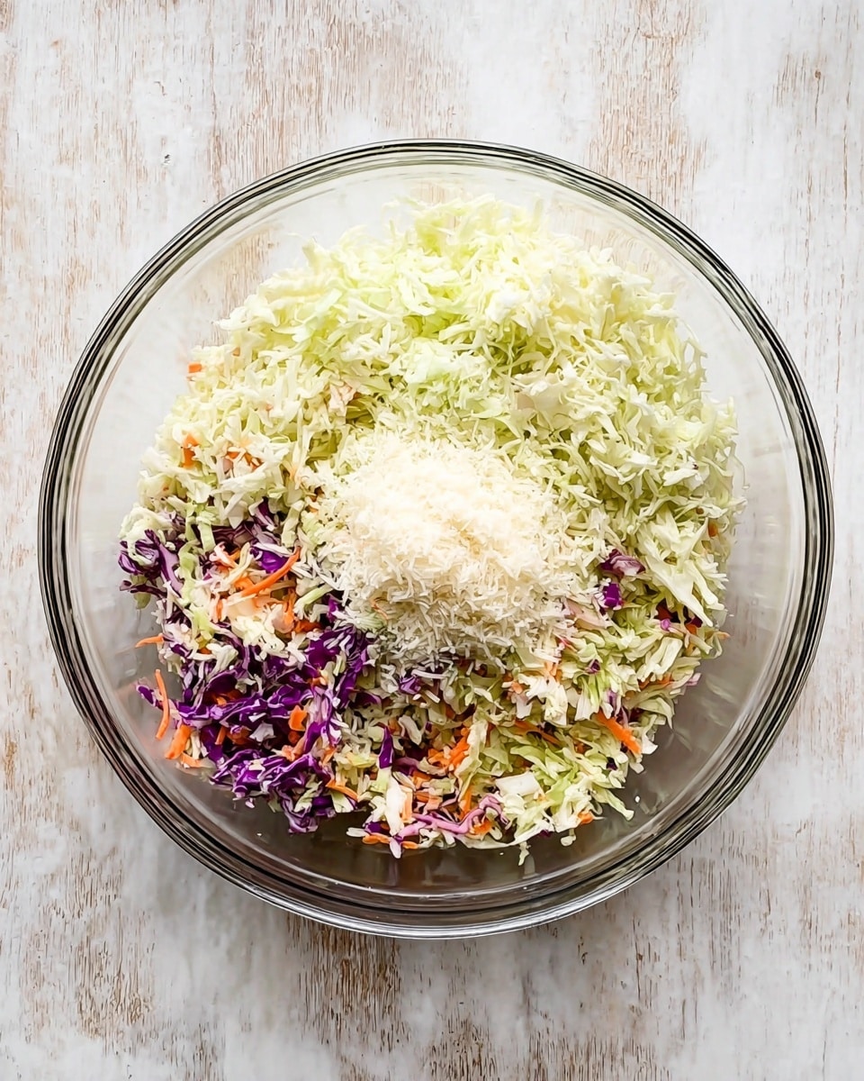 A clear glass bowl filled with three layers of shredded ingredients sits on a white marbled surface. The first layer on the bottom is a mix of shredded green and purple cabbage with small orange carrot pieces, showing a colorful vegetable base. On top of that is a layer of finely shredded pale green cabbage, adding a softer texture. The third layer is a small pile of finely grated white onions placed slightly off-center, creating a small mound with a coarse texture. The bowl is round and transparent, showing all the layers clearly. photo taken with an iphone --ar 4:5 --v 7