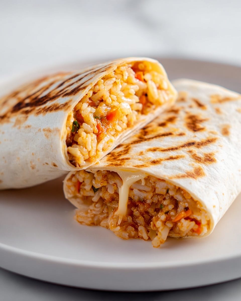 A close-up view of a soft, lightly toasted tortilla wrap cut into two halves and placed side by side on a white plate. Inside the wrap, there are visible layers of cooked rice with a slightly reddish hue, small pieces of cooked vegetables like orange carrots and some green bits, and melted light-yellow cheese strings stretched between the two halves. The tortilla shows slight brown grill marks, giving a warm texture. The plate rests on a white marbled surface. photo taken with an iphone --ar 4:5 --v 7
