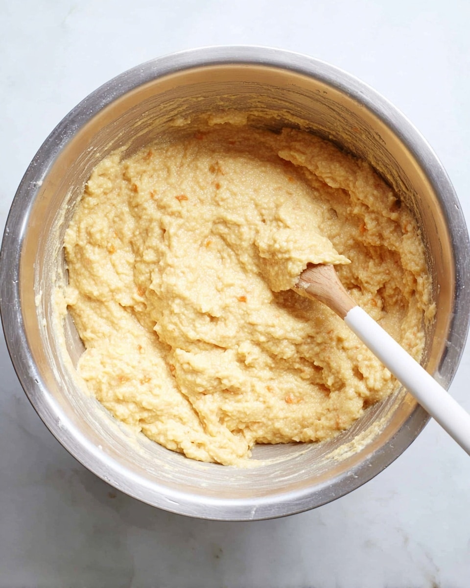 A silver mixing bowl filled with thick, creamy batter that has a textured, slightly lumpy surface. The batter is pale yellow with small orange bits mixed in evenly. A wooden spoon with a white handle rests inside the bowl, partially covered in the batter, positioned on the right side. The bowl sits on a white marbled surface, creating a clean and bright background. photo taken with an iphone --ar 4:5 --v 7