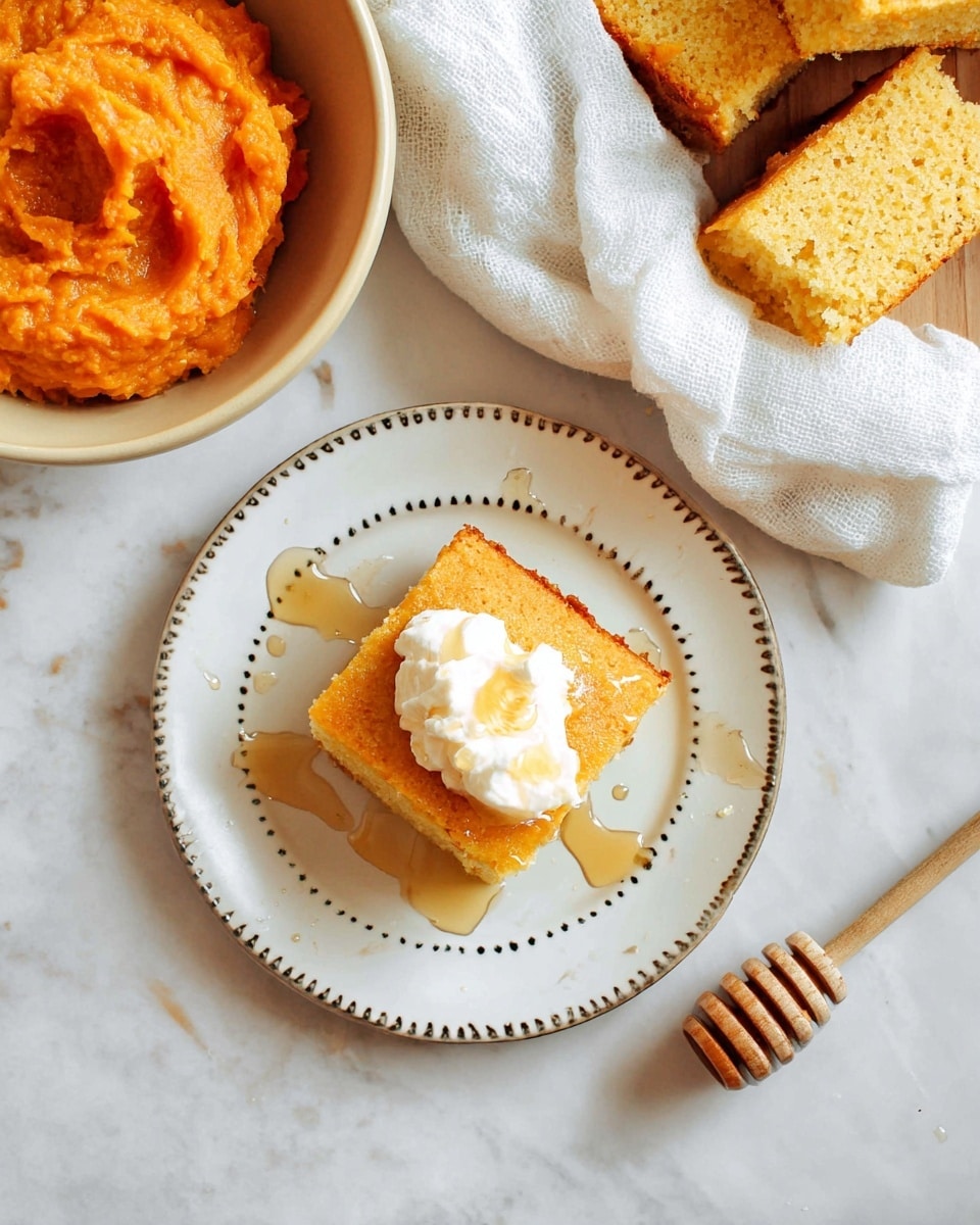 A small white plate with thin dark lines and dots holds one square piece of golden brown cornbread, topped with a dollop of white cream and shiny honey drizzled over it and on the plate. To the top left, there is a light beige bowl filled with thick orange sweet potato mash, showing a rough texture. A white cloth napkin is folded to the upper right, partially showing more pieces of cornbread with the same golden color. On the bottom right side, a wooden honey dipper lies on a white marbled surface that fills the whole background. photo taken with an iphone --ar 4:5 --v 7