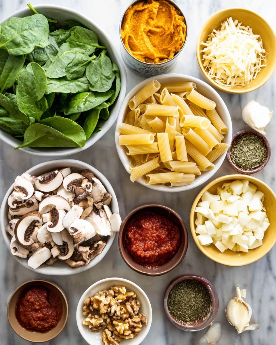 The image shows several bowls and a can with cooking ingredients placed on a white marbled surface. There is a white bowl filled with fresh green spinach leaves, a white bowl with pale yellow dry pasta tubes, and a white bowl with sliced brown and white mushrooms. Next to these are two mustard yellow bowls containing diced white onions and small grated white cheese. Small brown bowls hold crushed walnuts, tomato paste with a deep red color, and a mixture of dried green herbs. There is also a small white bowl with minced garlic and a partially open can with orange pumpkin puree. Photo taken with an iphone --ar 4:5 --v 7