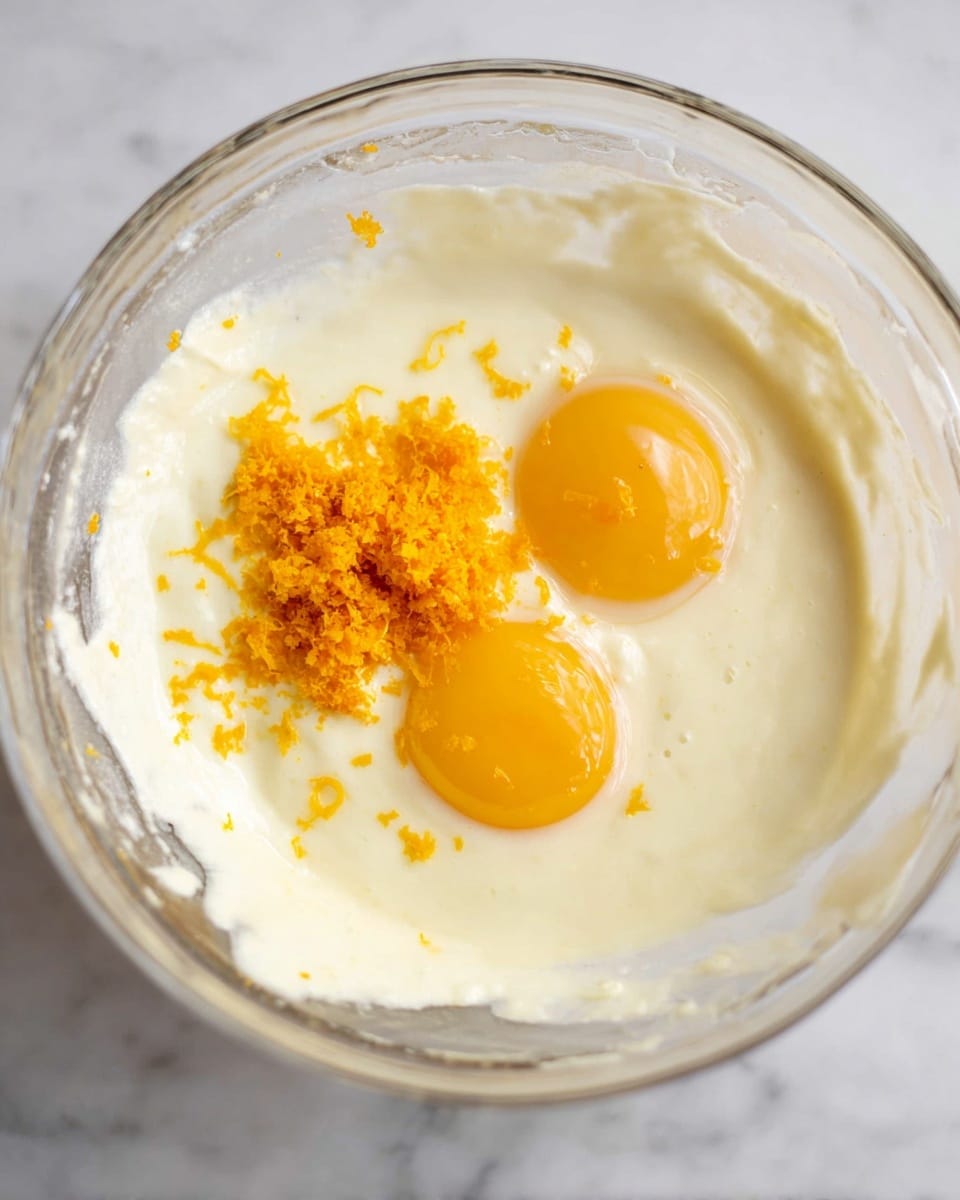 Inside a clear glass bowl, there is a smooth off-white creamy mixture filling the bottom and sides. On top of this mixture, two raw eggs with bright yellow yolks and clear whites rest side by side near the center. Next to the eggs, on the left side, there is a small mound of finely grated bright orange zest, creating a contrast against the creamy layer. The bowl sits on a white marbled surface, and the edge of the glass bowl is slightly visible with a shiny texture. photo taken with an iphone --ar 4:5 --v 7