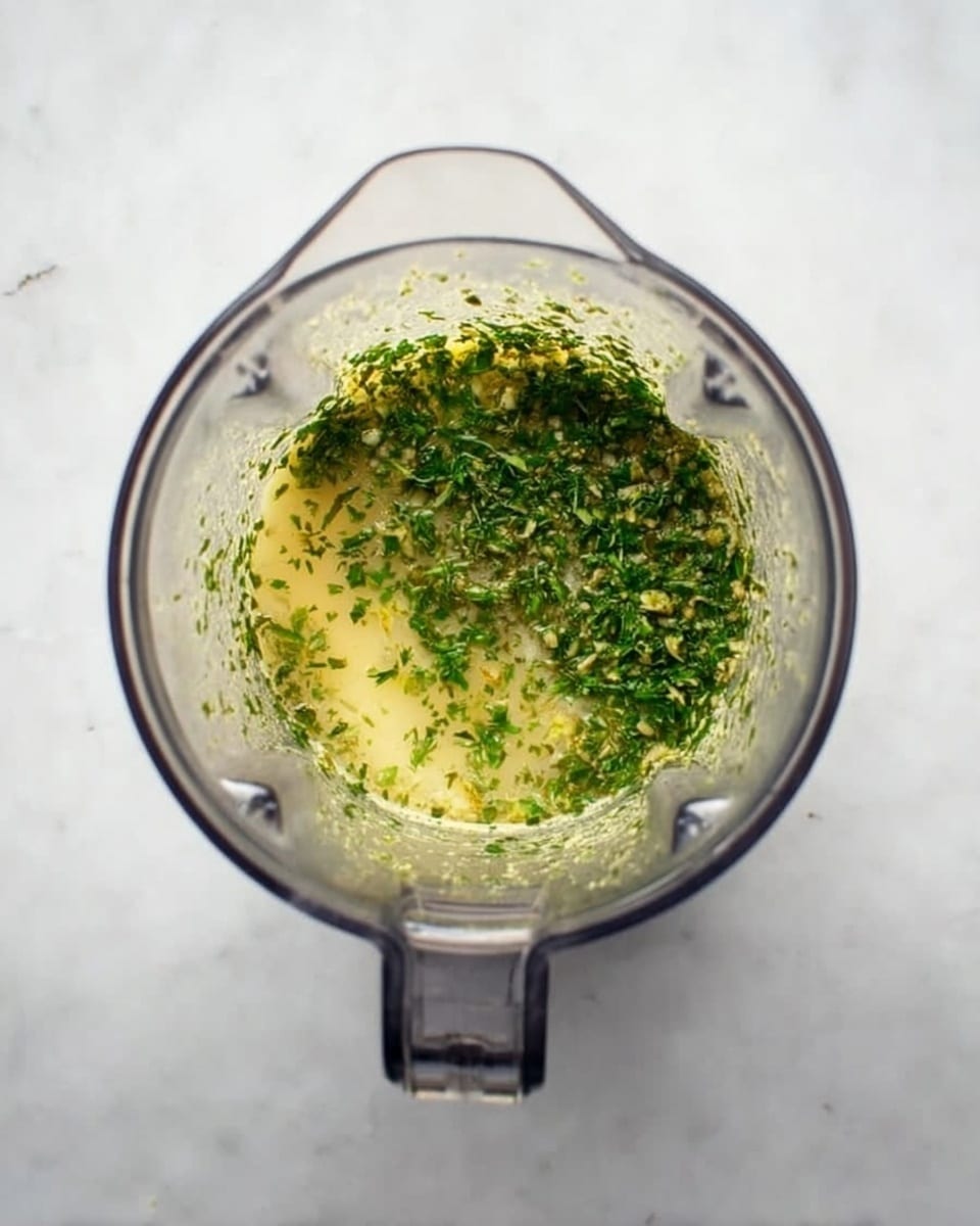 A clear blender jar sits on a white marbled surface, viewed from above. Inside the blender are two layers: the bottom layer is a light yellowish liquid, and the top layer is finely chopped green herbs spread evenly across the liquid's surface. The blender has a transparent handle on the right side, and the overall image is bright and clean with a simple background. photo taken with an iphone --ar 4:5 --v 7
